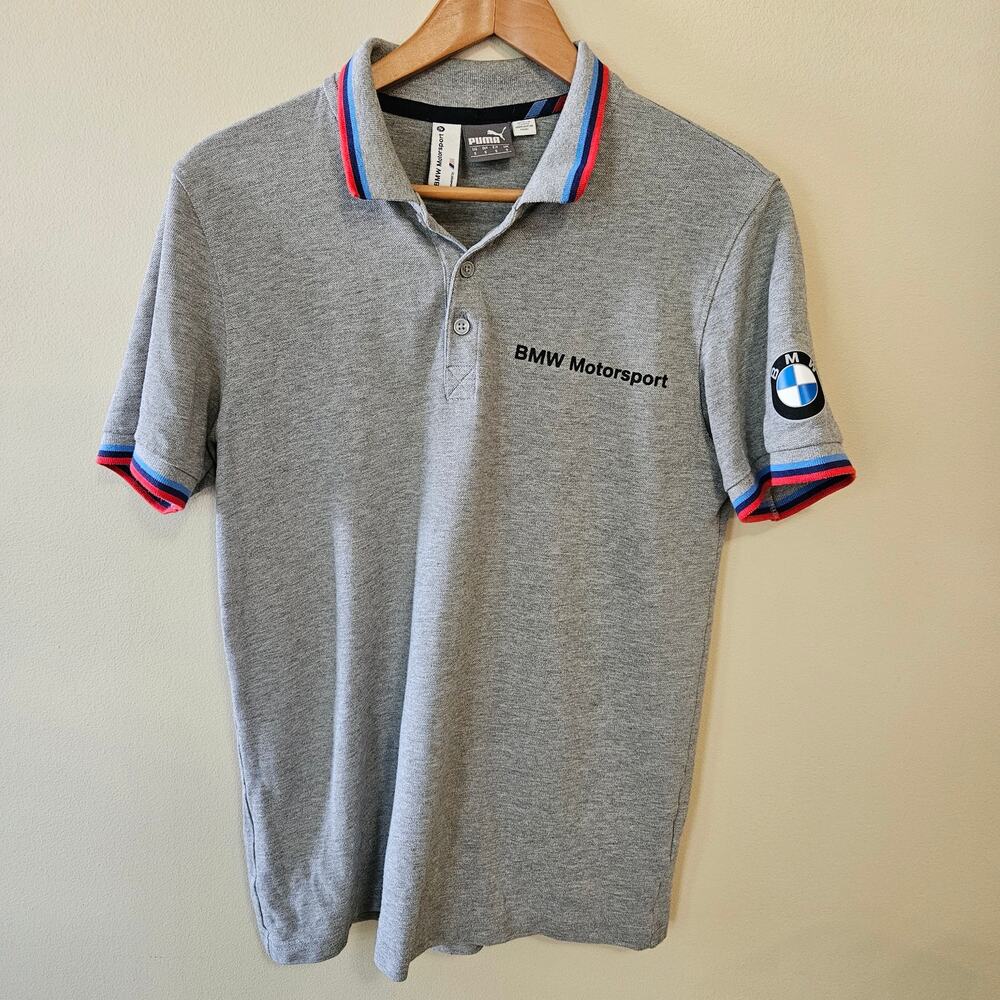 BMW Motorsport Men's Polo Shirt Size Small Gray Puma Pique Racing Logo
